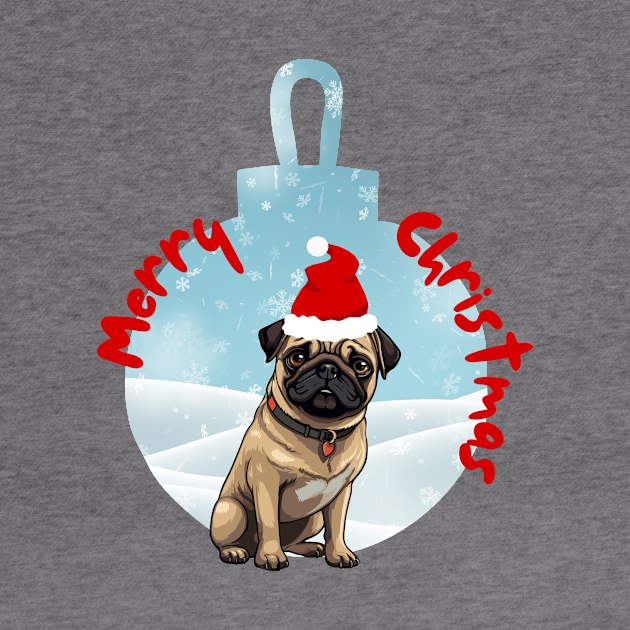 Merry Christmas with Santa Pug Dog in Wintery Xmas Bauble by Seasonal Dogs